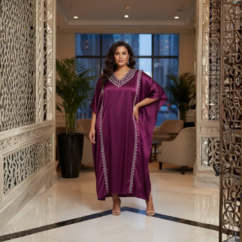 Gypsie Blu Fashion Solid with Embroidery Lace Purple Satin Women Kaftan Dress